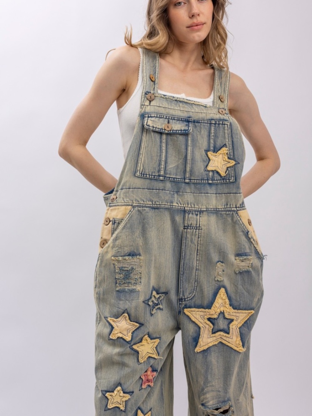 Bluevelvet Star Peace Patchwork Wide Leg Cropped Denim Jean Overalls - Picture 9 of 11
